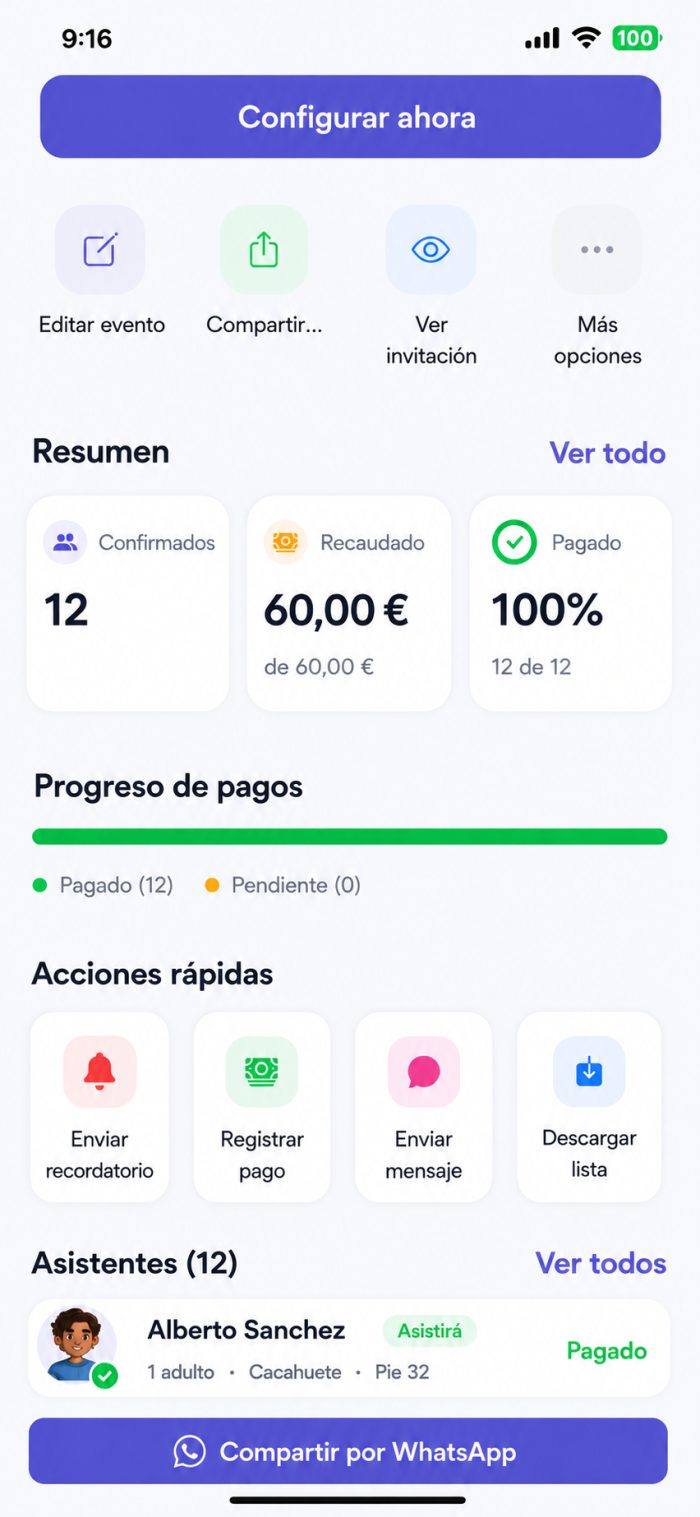 Pantalla de PayKid con el resumen del evento: 12 confirmados, 60 euros recaudados y todos los pagos completados
