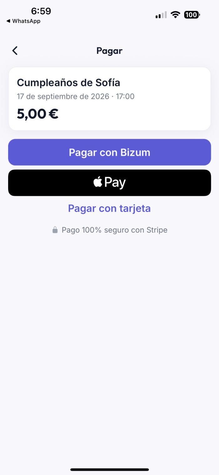 Pantalla de pago de PayKid con el importe del cumpleaños y las opciones de pago