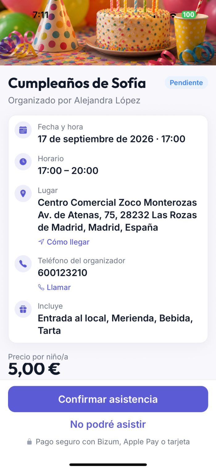 Invitación de cumpleaños en PayKid con fecha, horario, dirección y botón para confirmar asistencia